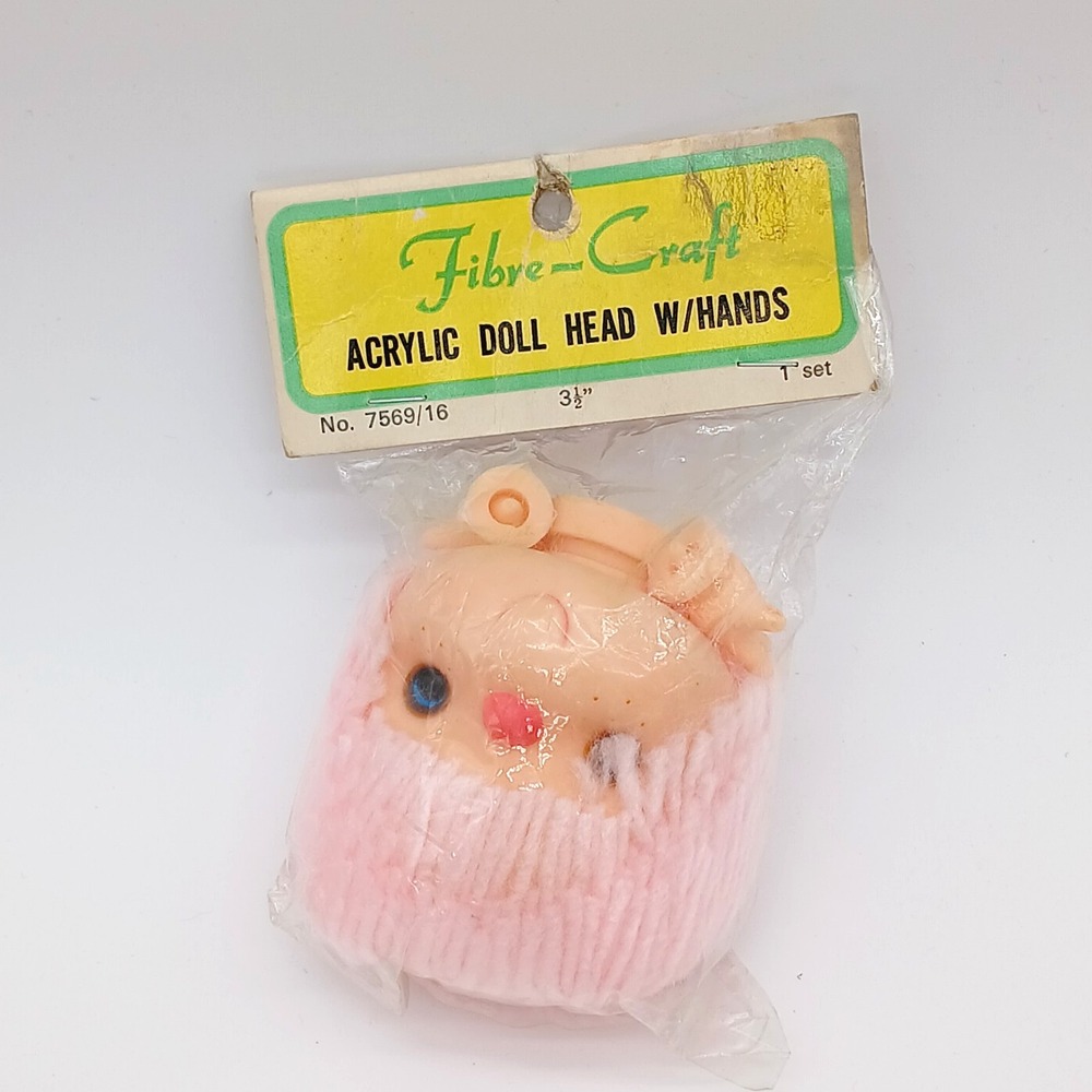 Fibre-Craft Acrylic Doll head w/ hands No. 7569/16 3.5" Pink Hair Mitzy NOS